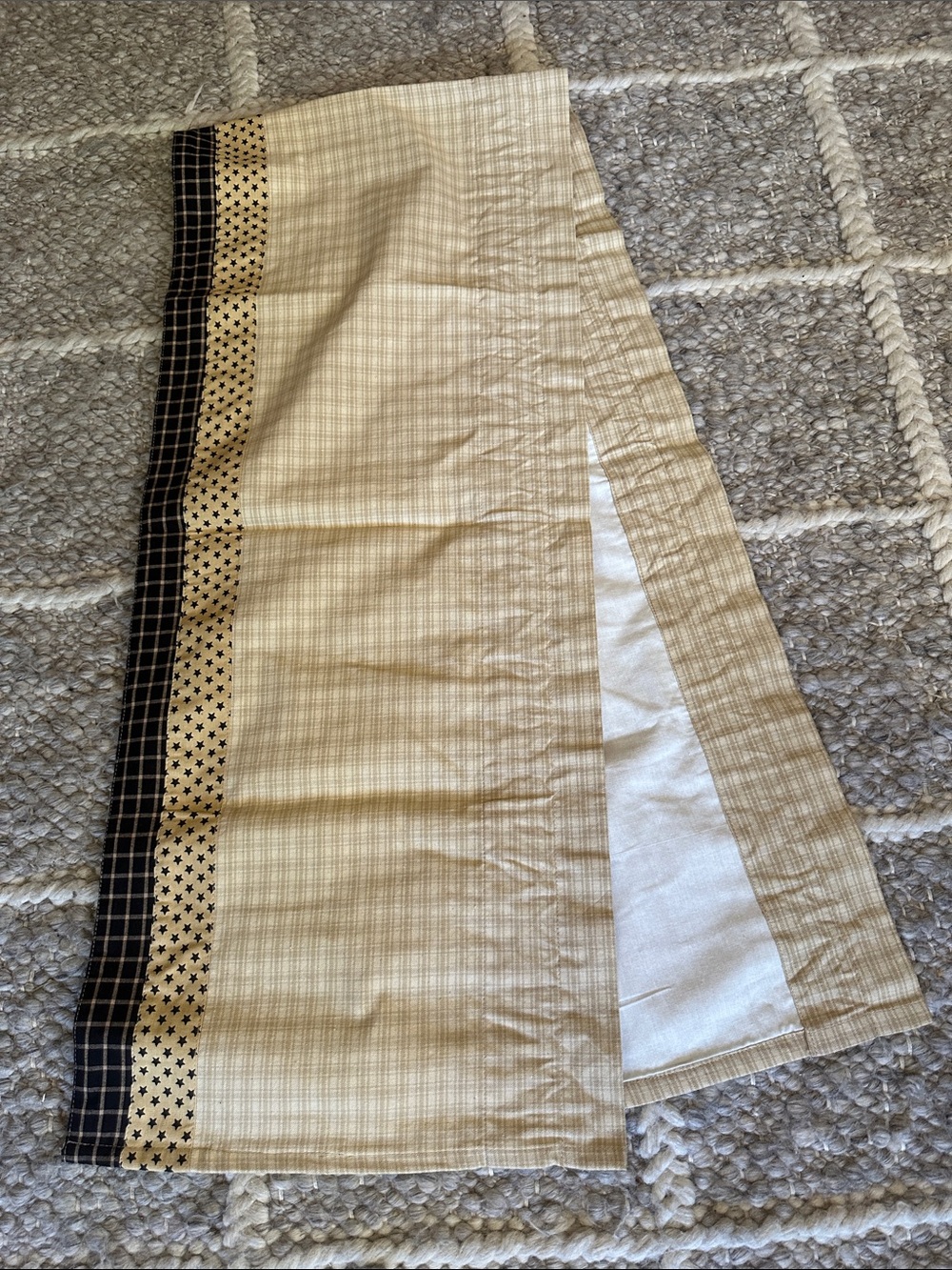 Beige Plaid Cotton curtain valance with Black Star Border. Lined.